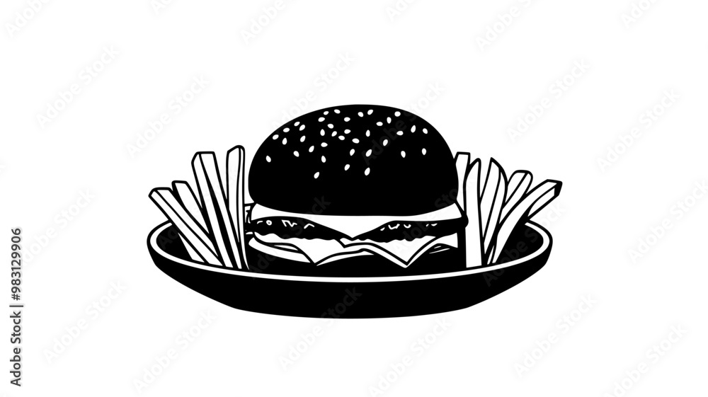 Burger in the center with fries around on a plate, food vector graphic Burger in the center with fries around on a plate, food vector graphic