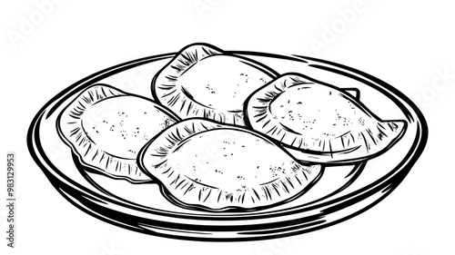 Plate with four cheese empanadas arranged in a semicircle, food vector graphic