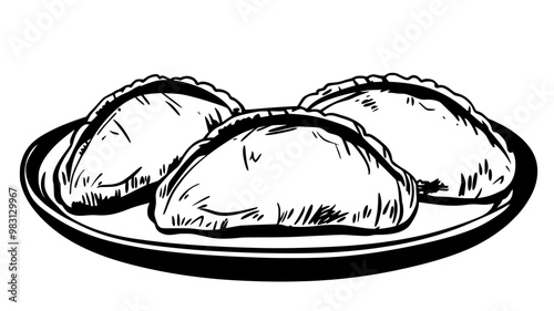 Plate with three chicken empanadas placed side by side, food vector graphic