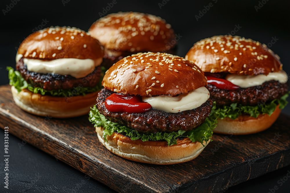 several beef burgers with mayonnaise and ketchup on a wooden board, against a black background several beef burgers with mayonnaise and ketchup on a wooden board, against a black background