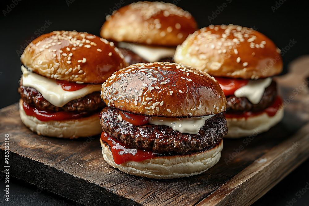 several beef burgers with mayonnaise and ketchup on a wooden board, against a black background several beef burgers with mayonnaise and ketchup on a wooden board, against a black background
