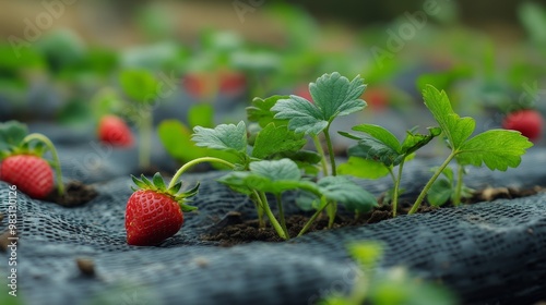 Autumn strawberry seedlings grown on agrotextile material photo