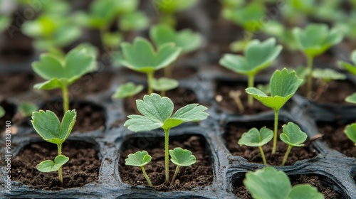 Autumn strawberry seedlings grown on agrotextile material photo