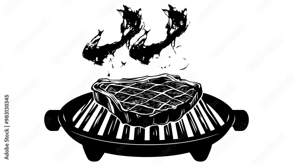 Ribeye steak cooking on a hot grill with smoke rising, food vector graphic Ribeye steak cooking on a hot grill with smoke rising, food vector graphic
