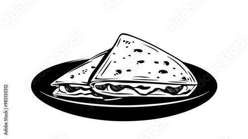 Quesadilla resting on a plate, cut into quarters, with visible cheese filling, food illustration vector