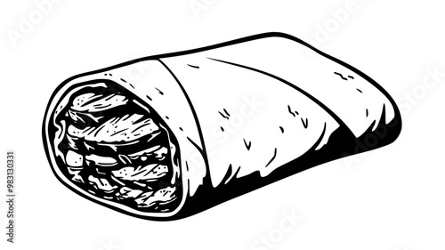Rolled wrap filled with sliced grilled meat, placed on a plain surface, food vector graphic
