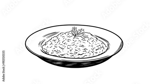 Risotto dish in a shallow white plate with visible grains and garnish, food illustration vector