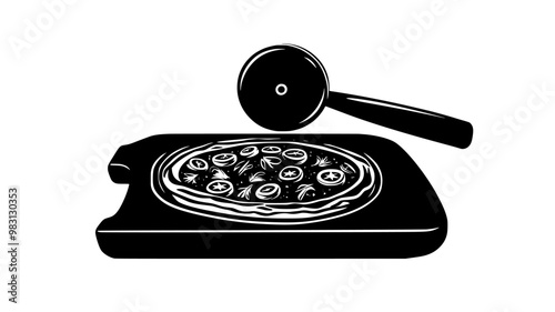 Round pizza being transferred from a wooden peel into an oven, food vector graphic