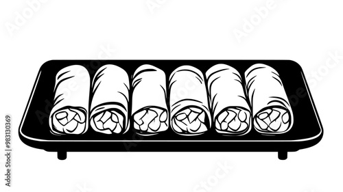 Row of spring rolls on a flat, rectangular tray, food vector graphic