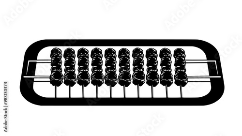 Row of beef kebabs on a metal tray, centered and parallel, food vector illustration