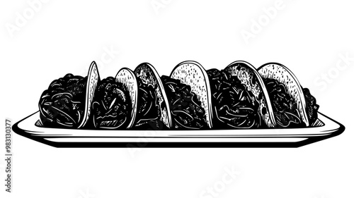 Row of tacos with visible fillings, neatly arranged on a rectangular, white dish, food illustration vector