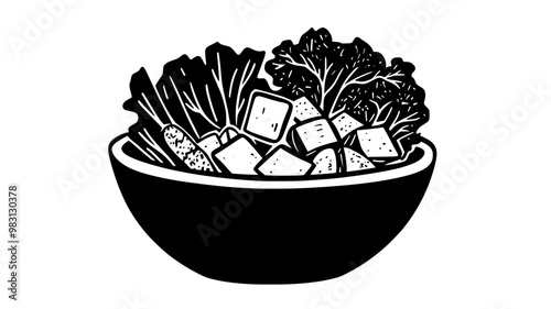 Salad bowl with romaine lettuce, croutons, parmesan, and Caesar dressing, food vector illustration