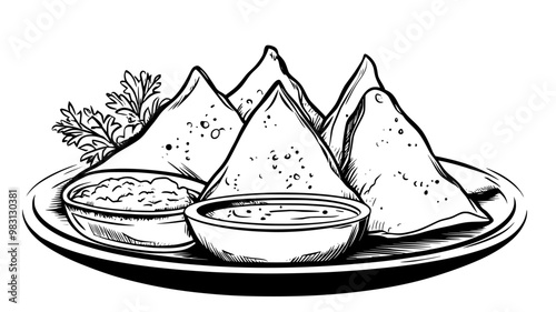 Samosas arranged on a platter with dipping sauces and garnish, food vector illustration