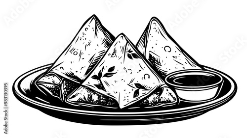 Samosas on a serving dish with dipping sauces and garnish, food vector graphic