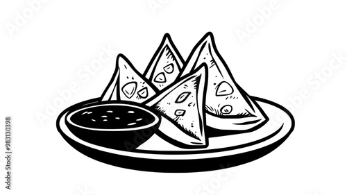 Samosas served on a plate with chutney dipping sauce, food illustration vector