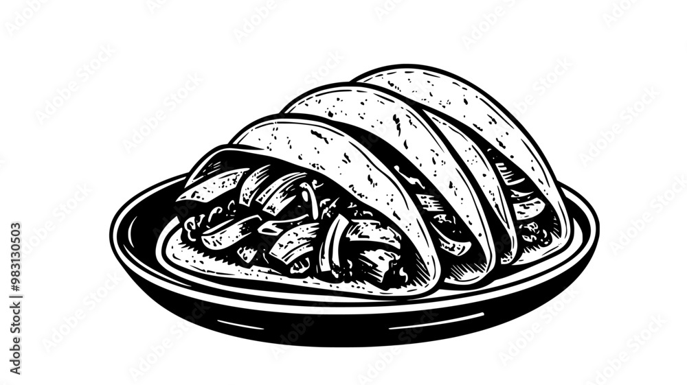 Serving of tacos with fillings spilling slightly from the folded tortillas, on a round plate, food vector illustration Serving of tacos with fillings spilling slightly from the folded tortillas, on a round plate, food vector illustration