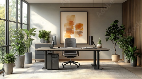 A contemporary office workspace with clean lines and a neutral color palette. The room is furnished with standing desks, potted plants, and abstract art on the walls, providing a calm yet productive
