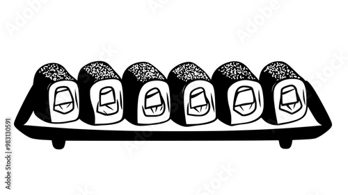 Spring rolls arranged evenly in a row on a rectangular plate, food vector illustration
