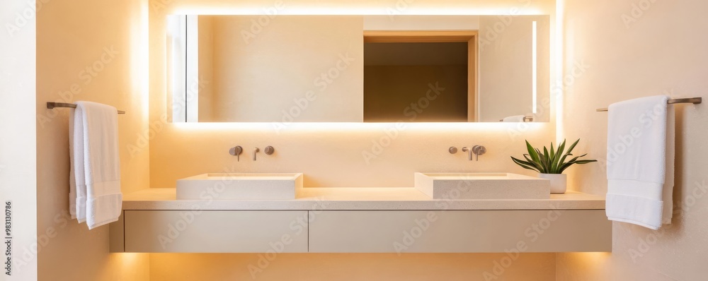 Beige minimalist bathroom with large frameless mirrors and white fixtures, minimalist bathroom, modern simple design Beige minimalist bathroom with large frameless mirrors and white fixtures, minimalist bathroom, modern simple design