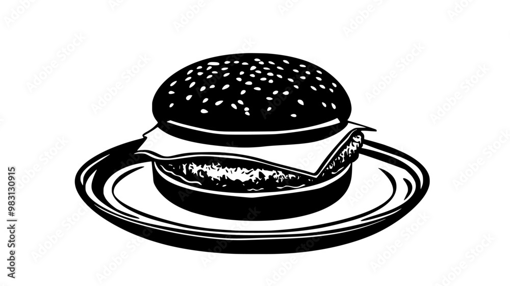 Single cheeseburger on a round plate, ready to be served, food vector illustration Single cheeseburger on a round plate, ready to be served, food vector illustration