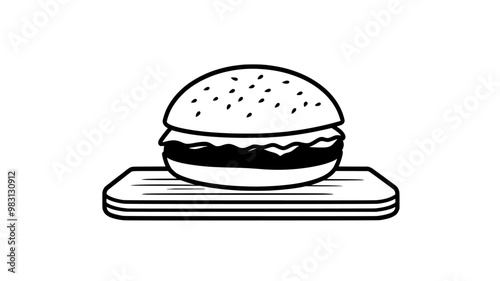 Single chicken sandwich on a round plate, centered, food illustration vector