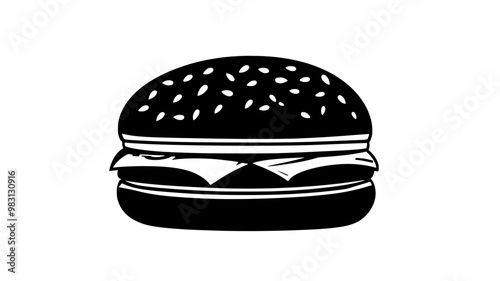 Single chicken burger with patty and fillings, placed horizontally, food illustration vector