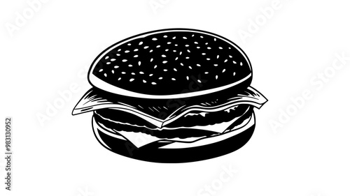 Single gourmet burger with layers, lying flat on a simple surface, food illustration vector