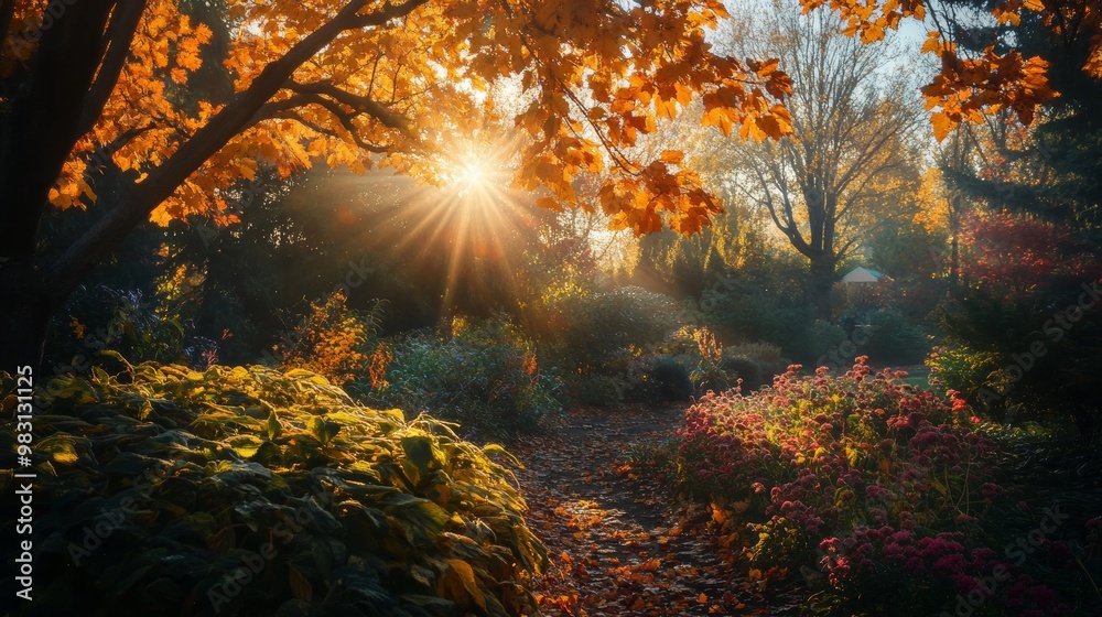 Autumnal garden splendor, vivid foliage adorned by golden sunlight Autumnal garden splendor, vivid foliage adorned by golden sunlight