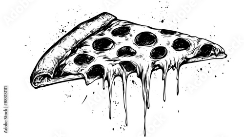 Single slice of pepperoni pizza being pulled away, revealing melted cheese, food illustration vector