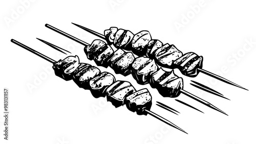 Skewered chicken pieces on a grill, all turned at a uniform angle, food vector illustration