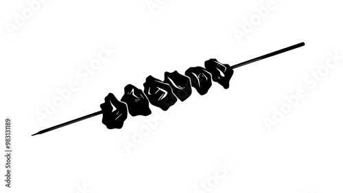 Skewer with small grilled meat pieces, evenly spaced, lying on a flat surface, food illustration vector