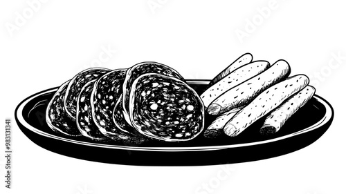 Sliced salami placed neatly beside breadsticks on a platter, food vector illustration