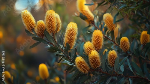 Autumnal hues adorn the Bottlebrush Banksia, its yellow blooms a vibrant contrast against the fading foliage.