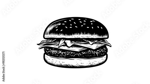 Small assembled burger with patty and fillings on a flat surface, food vector graphic