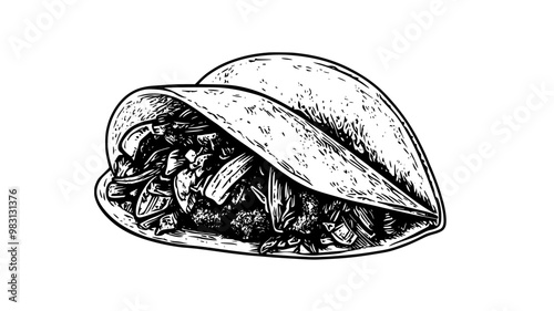 Soft taco with prominent meat layer, accompanied by vegetables, wrapped on a surface, food illustration vector
