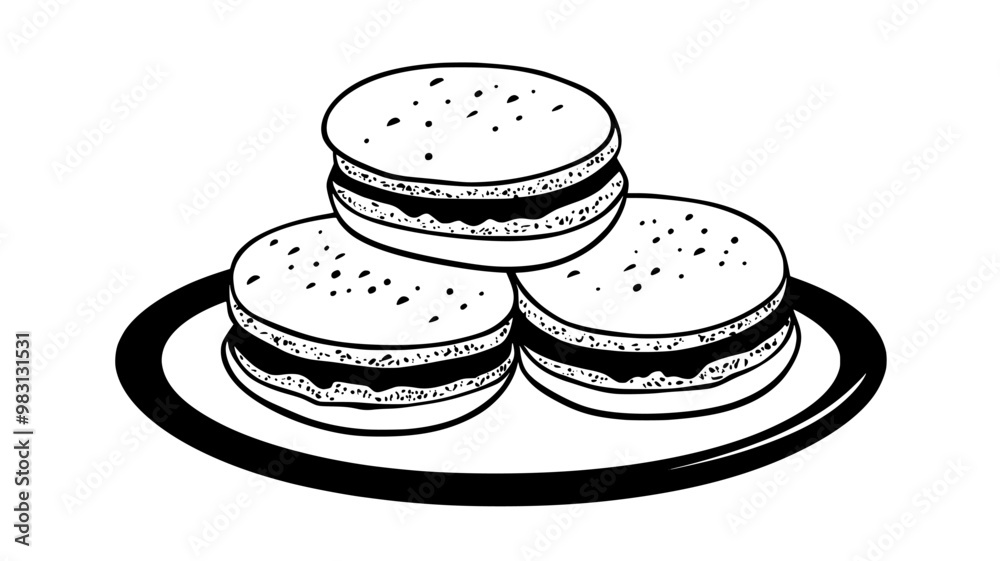 Stack of macarons on a flat round dessert plate, food vector graphic