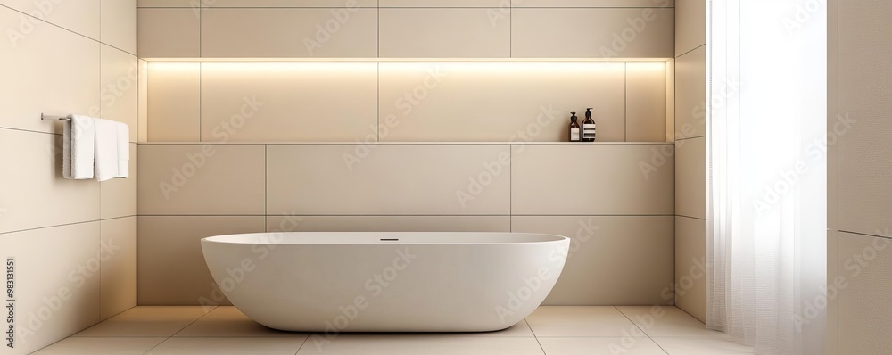 Beige minimalist bathroom with recessed lighting and frameless mirrors, minimalist bathroom, calm modern atmosphere Beige minimalist bathroom with recessed lighting and frameless mirrors, minimalist bathroom, calm modern atmosphere