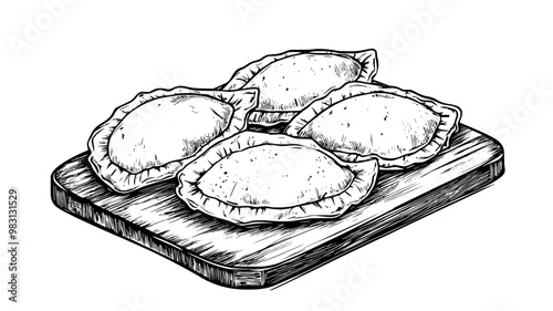 Stack of chicken empanadas on a wooden cutting board, food vector graphic