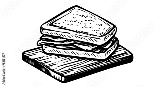 Stack of two chicken sandwiches on a wooden cutting board, food vector illustration