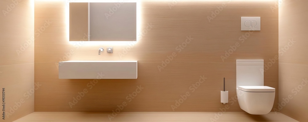 Beige minimalist bathroom with recessed lighting and frameless mirrors, minimalist bathroom, calm modern atmosphere
