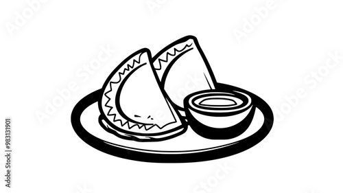 Two chicken empanadas on a plate next to a small bowl of sauce, food vector illustration