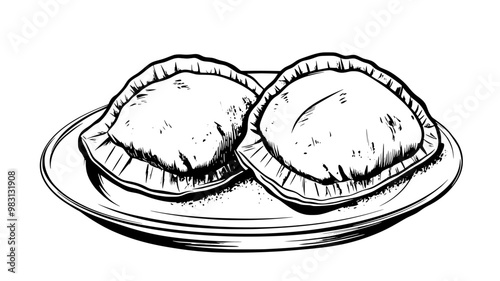 Two vegetarian empanadas side by side on a small plate, food illustration vector