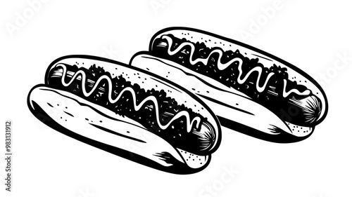 Pair of gourmet hot dogs with artisanal ingredients, food illustration vector