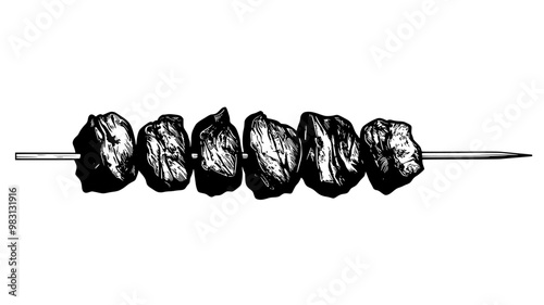 Uniformly grilled meat pieces on a skewer, resting on a plain background, food illustration vector