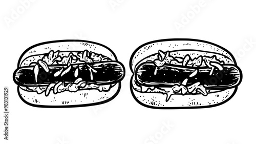 Pair of veggie dogs with plant-based sausages and classic condiments, food vector illustration