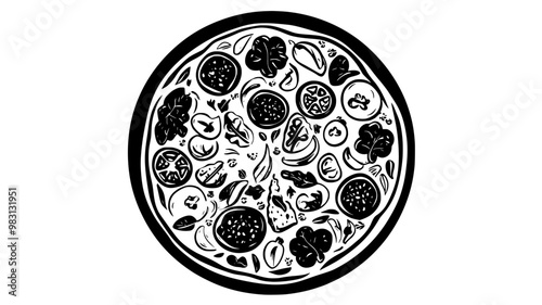 Full vegetarian pizza with assorted vegetable toppings arranged in a circular pattern, food illustration vector