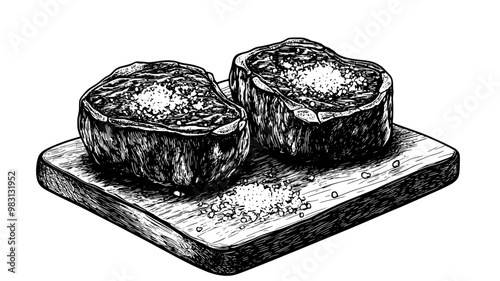 Two filet mignon steaks served on a cutting board with coarse salt, food illustration vector