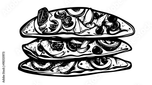 Vegetarian pizza slices stacked on top of each other showing different vegetable toppings, food vector graphic