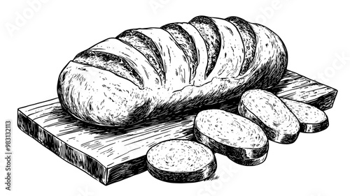 Whole ciabatta loaf on a wooden surface with slices next to it, food illustration vector