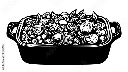 Whole casserole dish filled with baked ingredients, ready to serve, food vector illustration